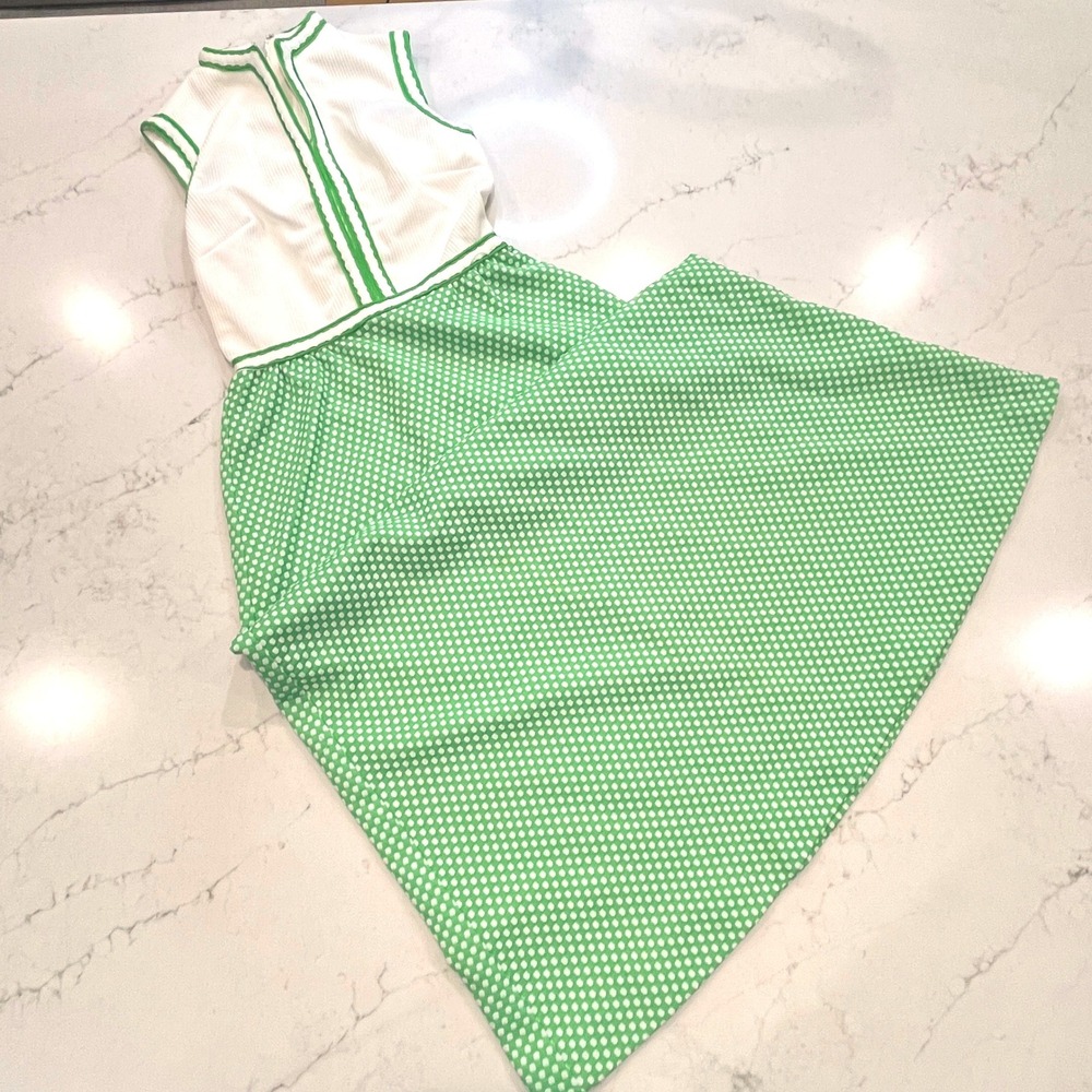 Vtg ILGWU Maxi Dress 70s Mod Colorblock Green White Polka Dot USA Made Mock Neck